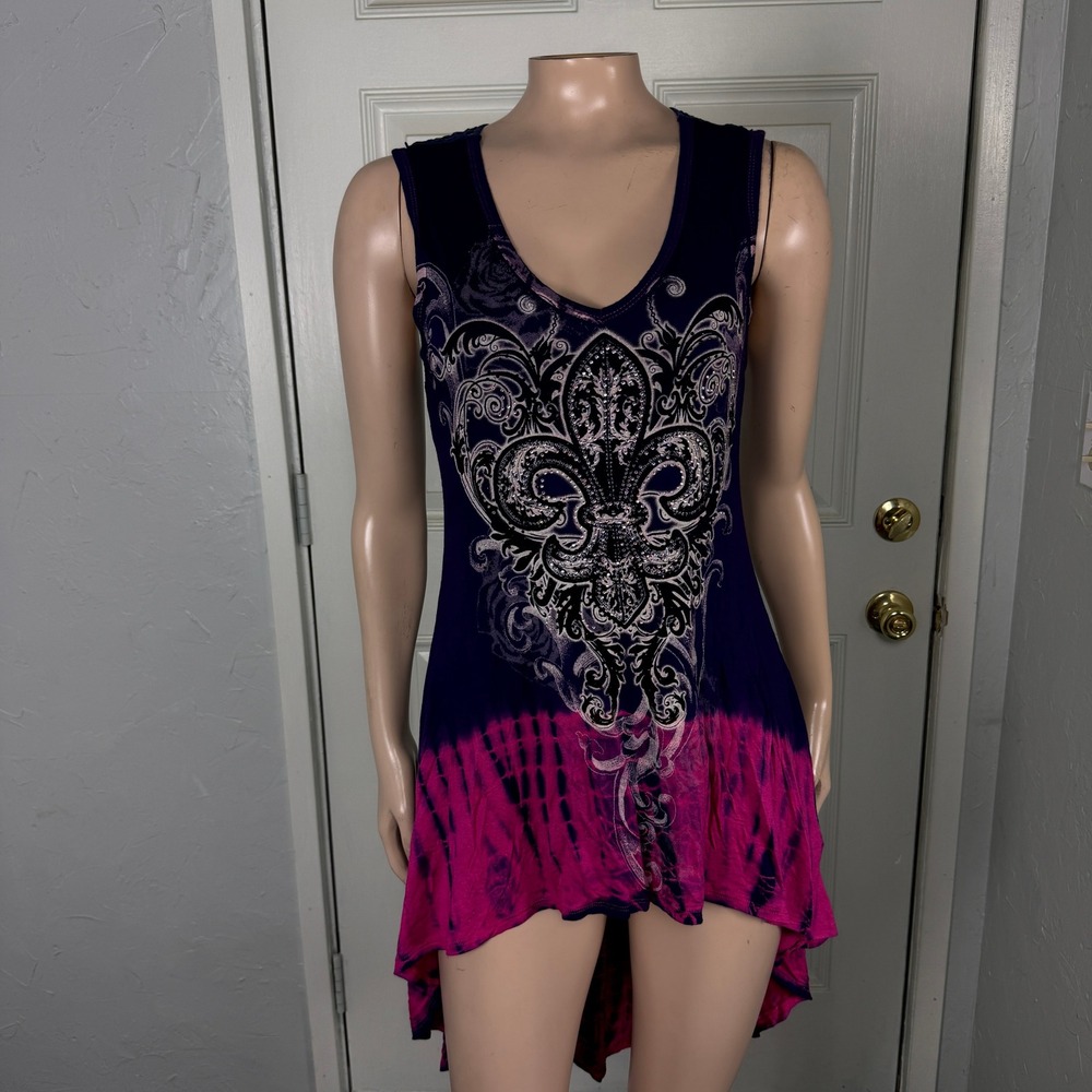 Vintage Y2K Tie Die Tunic Mini Dress Medium Rayon Lace Hi Low Asymmetrical F4-10